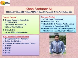 Khan Sarfaraz Ali
BSS (Hons)-1st Class, MSS-1st Class, PGDPM-1st Class, ITD (Tanzania), M. Phil, Ph. D (Fellow)-UUM
Current Position
 Human Resource Specialist :
i) CMS-KWSP
ii) Verulam Associates UK
ii) Save The Children
 CEO, LIFE
(www.lifebangladesh.com)
Previous Position
 COO, Hope Foundation
 Director HR, CRP
 Head of HR & Admin, Pacific Group
 Management Consultant, BIM
 HRD Consultant : HEED Bangladesh,
OIS Group, HASAB, Metro Makers ..
HRD Trainer / Resource Person
 Bangladesh Police Academy
 Police Staff College
 National Youth Development Centre
 BPATC
 FBCCI
 BPDB
 BSTD
 