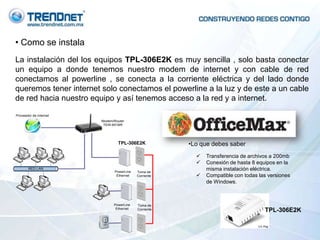 • Como se instala
La instalación del los equipos TPL-306E2K es muy sencilla , solo basta conectar
un equipo a donde tenemos nuestro modem de internet y con cable de red
conectamos al powerline , se conecta a la corriente eléctrica y del lado donde
queremos tener internet solo conectamos el powerline a la luz y de este a un cable
de red hacia nuestro equipo y así tenemos acceso a la red y a internet.
Proveedor de internet
                        Modem/Router
                         TEW-651BR




                                TPL-306E2K            •Lo que debes saber
                                                           Transferencia de archivos a 200mb
                                                           Conexión de hasta 8 equipos en la
       RED LAN
                              PowerLine   Toma de
                                                            misma instalación eléctrica.
                               Ethernet   Corriente        Compatible con todas las versiones
                                                            de Windows.



                              PowerLine   Toma de
                               Ethernet   Corriente                                TPL-306E2K
 