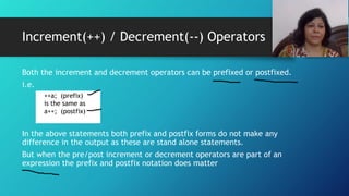 Both the increment and decrement operators can be prefixed or postfixed.
i.e.
In the above statements both prefix and postfix forms do not make any
difference in the output as these are stand alone statements.
But when the pre/post increment or decrement operators are part of an
expression the prefix and postfix notation does matter
Increment(++) / Decrement(--) Operators
++a; (prefix)
is the same as
a++; (postfix)
 