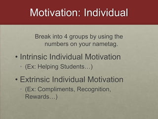 Motivation: IndividualBreak into 4 groups by using the numbers on your nametag. Intrinsic Individual Motivation(Ex: Helping Students…)Extrinsic Individual Motivation(Ex: Compliments, Recognition, Rewards…)