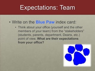 Expectations: TeamWrite on the Blue Paw index card:Think about your office (yourself and the other members of your team) from the “stakeholders” (students, parents, department, Deans, etc.) point of view. What are their expectations from your office?