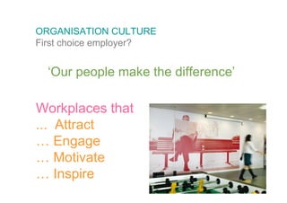 ORGANISATION CULTURE
First choice employer?


  ‘Our people make the difference’

Workplaces that
... Attract
… Engage
… Motivate
… Inspire
 