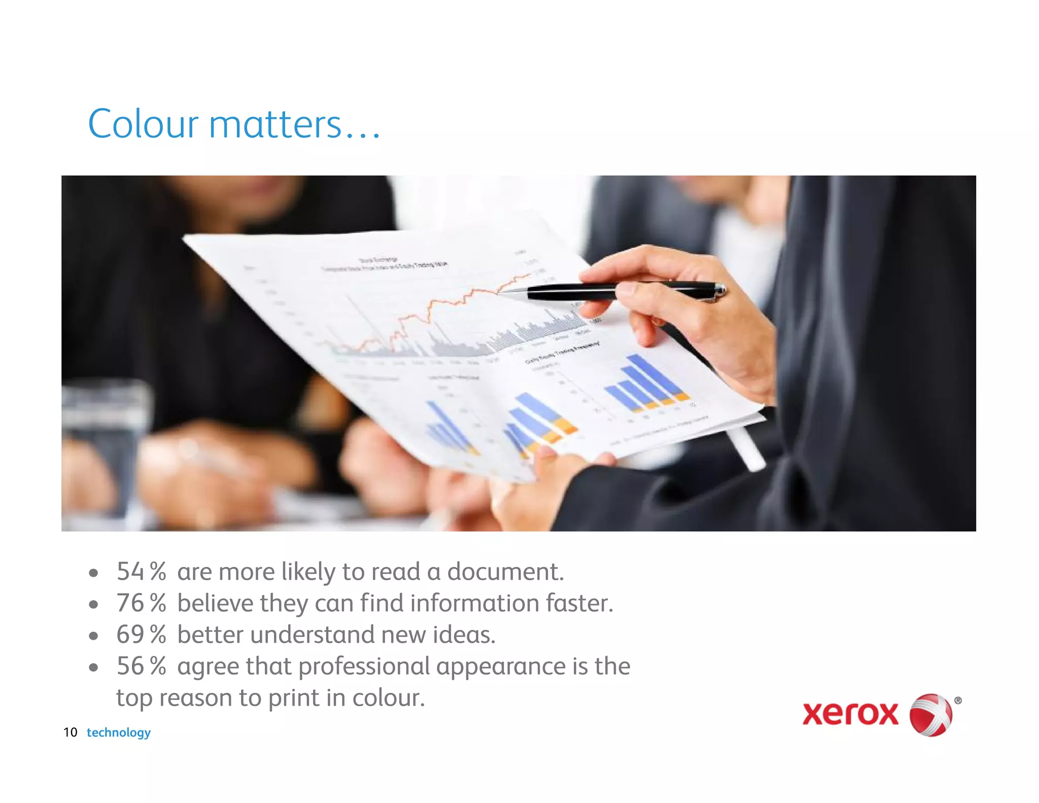 Colour matters…




   •   54% are more likely to read a document.
   •   76% believe they can find information faster.
   •   69% better understand new ideas.
   •   56% agree that professional appearance is the
       top reason to print in colour.
10 technology
 
