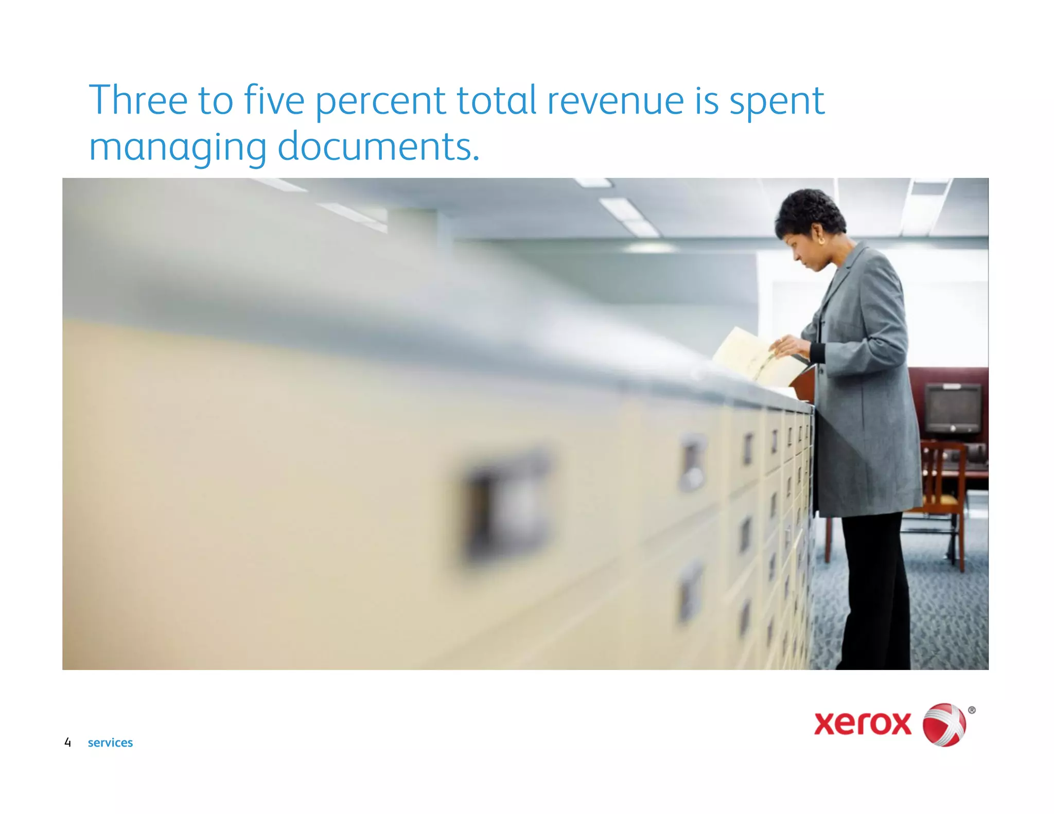 Three to five percent total revenue is spent
    managing documents.




4   services
 