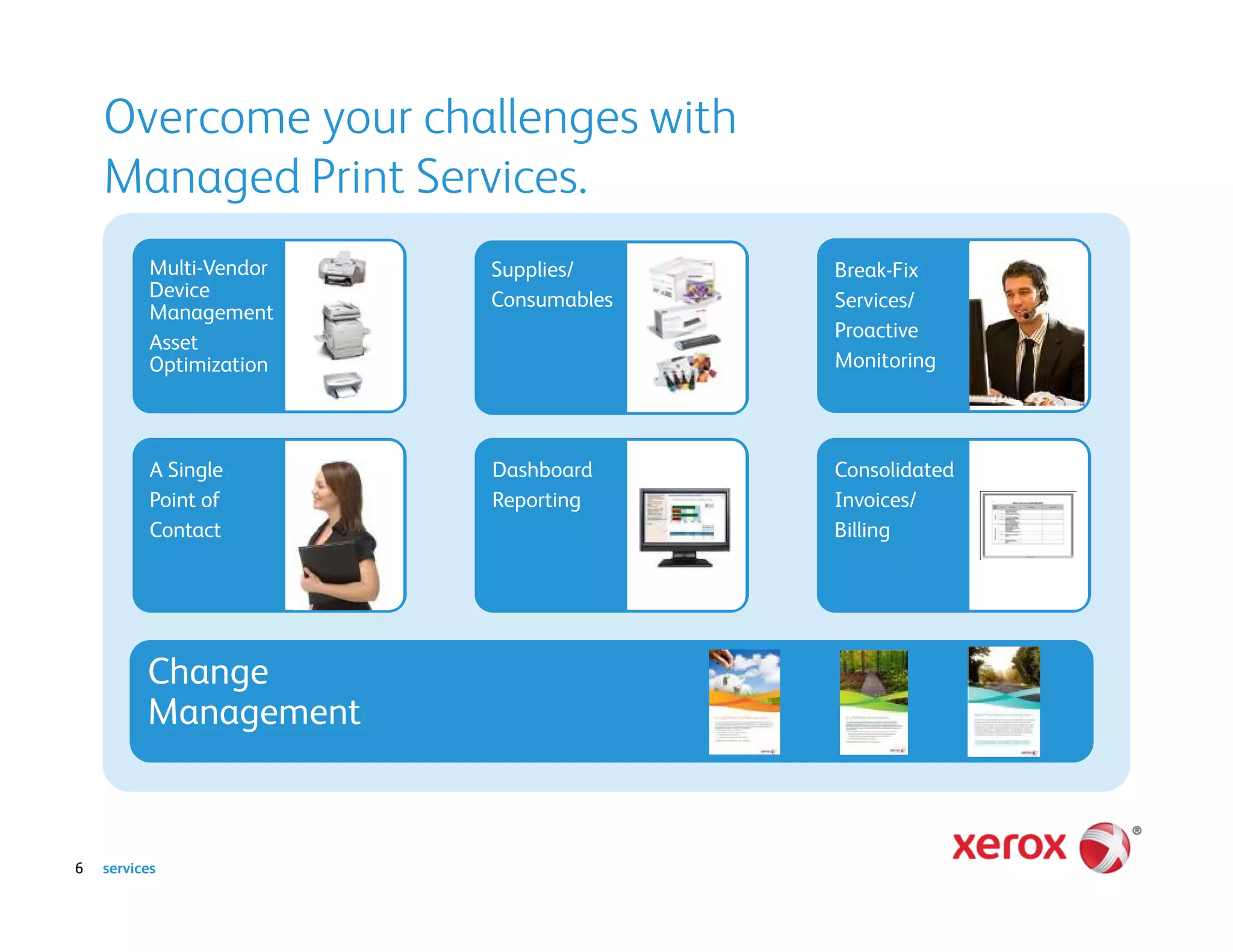 Overcome your challenges with
    Managed Print Services.
           Multi-Vendor   Supplies/     Break-Fix
           Device         Consumables   Services/
           Management
                                        Proactive
           Asset
           Optimization                 Monitoring




           A Single       Dashboard     Consolidated
           Point of       Reporting     Invoices/
           Contact                      Billing




          Change
          Management


6   services
 