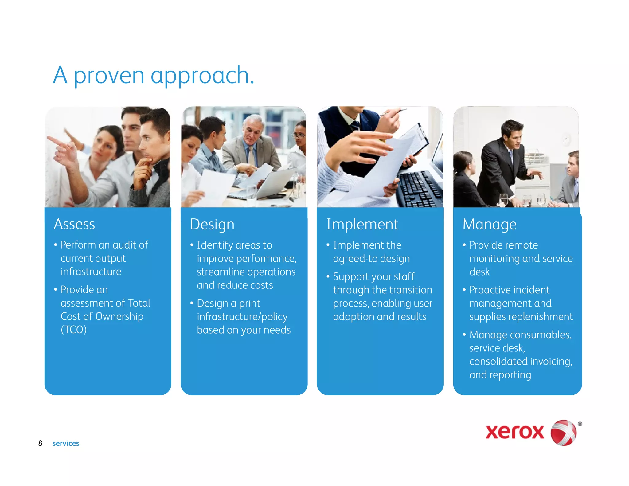 A proven approach.




    Assess                  Design                    Implement                  Manage
    • Perform an audit of   • Identify areas to       • Implement the            • Provide remote
      current output          improve performance,      agreed-to design           monitoring and service
      infrastructure          streamline operations   • Support your staff         desk
    • Provide an              and reduce costs          through the transition   • Proactive incident
      assessment of Total   • Design a print            process, enabling user     management and
      Cost of Ownership       infrastructure/policy     adoption and results       supplies replenishment
      (TCO)                   based on your needs                                • Manage consumables,
                                                                                   service desk,
                                                                                   consolidated invoicing,
                                                                                   and reporting




8   services
 