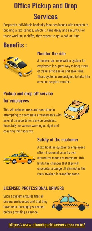 A modern taxi reservation system for
employees is a great way to keep track
of travel efficiencies and save time.
These systems are designed to take into
account people's comfort.
This will reduce stress and save time in
attempting to coordinate arrangements with
several transportation service providers.
Especially for women working at night and
assuring their security.
A taxi booking system for employees
offers increased security over
alternative means of transport. This
limits the chances that they will
encounter a danger. It eliminates the
risks involved in travelling alone.
Such a system ensures that all
drivers are licensed and that they
have been thoroughly screened
before providing a service.
LICENSED PROFESSIONAL DRIVERS
https://www.chandigarhtaxiservices.co.in/
Office Pickup and Drop
Services
Monitor the ride
Pickup and drop off service
for employees
Safety of the customer
Corporate individuals basically face two issues with regards to
booking a taxi service, which is, time delay and security. For
those working in shifts, they expect to get a cab on time.
Benefits :
 