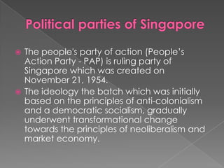 The people's party of action (People’s
Action Party - PAP) is ruling party of
Singapore which was created on
November 21, 1954.
 The ideology the batch which was initially
based on the principles of anti-colonialism
and a democratic socialism, gradually
underwent transformational change
towards the principles of neoliberalism and
market economy.


 