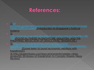 1)htt
p://www.guidemesingapore.com/relocation/introduction/singa
pores-political-system (Introduction to Singapore’s Political
System)
 2)
http://journal.ui.ac.id/index.php/humanities/article/viewFile/149/
145 (POLITICAL PARTIES IN SINGAPORE, MALAYSIA, AND THE
PHILIPPINES: REFLECTION OF DEMOCRATIC TENDENCIES )
 3) http://www.businesstimes.com.sg/specials/btsupplements/spore-keen-boost-economic-relations-kazakhstan20131113 (S'pore keen to boost economic relations with
Kazakhstan)
 4) http://kazembassy.ca/news-and-events/weekly-newsreview55/ (Embassy of Kazakhstan to Canada Weekly News
Review)


 