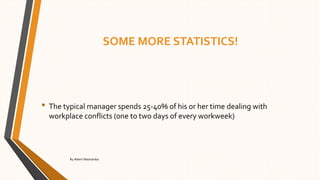 SOME MORE STATISTICS!
• The typical manager spends 25-40% of his or her time dealing with
workplace conflicts (one to two days of every workweek)
By Albert Mashamba
 