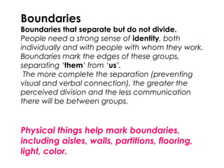 Boundaries
Boundaries that separate but do not divide.
People need a strong sense of identity, both
individually and with people with whom they work.
Boundaries mark the edges of these groups,
separating ‘them’ from ‘us’.
The more complete the separation (preventing
visual and verbal connection), the greater the
perceived division and the less communication
there will be between groups.
Physical things help mark boundaries,
including aisles, walls, partitions, flooring,
light, color.
 