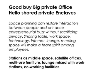 Good buy Big private Office
Hello shared private Enclaves
Space planning can restore interaction
between people and enhance
entrepreneurial buzz without sacrificing
privacy. Sharing table, work space,
technology, internet, lounge, meeting
space will make a team spirit among
employees.
Stations as middle space, satellite offices,
multi-use furniture, lounge mixed with work
stations, co-working facilities 
 