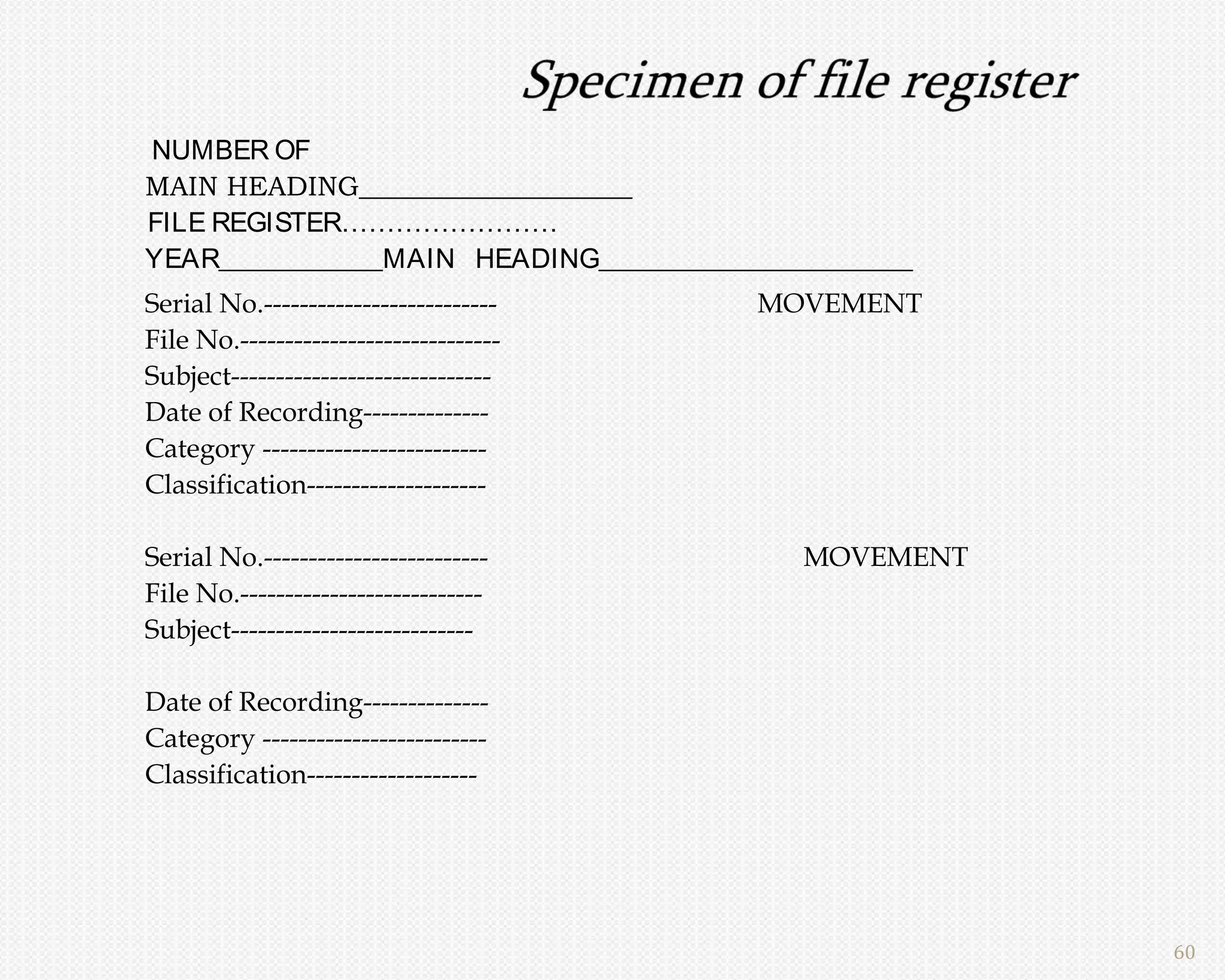 NUMBER OF
MAIN HEADING____________________
FILE REGISTER……………………
YEAR____________MAIN HEADING_______________________
Serial No.--------------------------    MOVEMENT
File No.-----------------------------
Subject-----------------------------
Date of Recording--------------
Category -------------------------
Classification--------------------

Serial No.-------------------------        MOVEMENT
File No.---------------------------
Subject---------------------------

Date of Recording--------------
Category -------------------------
Classification-------------------




                                                      60
 