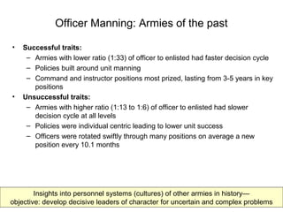 Officer Manning: Armies of the past
• Successful traits:
– Armies with lower ratio (1:33) of officer to enlisted had faster decision cycle
– Policies built around unit manning
– Command and instructor positions most prized, lasting from 3-5 years in key
positions
• Unsuccessful traits:
– Armies with higher ratio (1:13 to 1:6) of officer to enlisted had slower
decision cycle at all levels
– Policies were individual centric leading to lower unit success
– Officers were rotated swiftly through many positions on average a new
position every 10.1 months
Insights into personnel systems (cultures) of other armies in history—
objective: develop decisive leaders of character for uncertain and complex problems
 