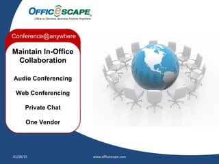 Moving
Conference@anywhere
Maintain In-Office
Collaboration
Audio Conferencing
Web Conferencing
Private Chat
One Vendor
01/28/15 www.officescape.com
 