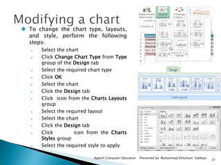 21
Aptech Computer Education Presented by: Muhammad Ehtisham Siddiqui
 To change the chart type, layouts,
and style, perform the following
steps:
 Select the chart
 Click Change Chart Type from Type
group of the Design tab
 Select the required chart type
 Click OK
 Select the chart
 Click the Design tab
 Click icon from the Charts Layouts
group
 Select the required layout
 Select the chart
 Click the Design tab
 Click icon from the Charts
Styles group
 Select the required style to apply
 