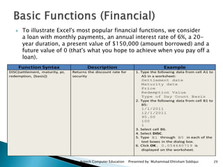 To illustrate Excel's most popular financial functions, we consider
a loan with monthly payments, an annual interest rate of 6%, a 20-
year duration, a present value of $150,000 (amount borrowed) and a
future value of 0 (that's what you hope to achieve when you pay off a
loan).
Aptech Computer Education Presented by: Muhammad Ehtisham Siddiqui 29
 