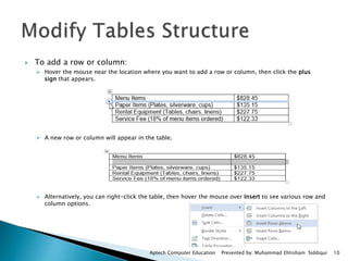  To add a row or column:
 Hover the mouse near the location where you want to add a row or column, then click the plus
sign that appears.
 A new row or column will appear in the table.
 Alternatively, you can right-click the table, then hover the mouse over Insert to see various row and
column options.
Aptech Computer Education Presented by: Muhammad Ehtisham Siddiqui 10
 