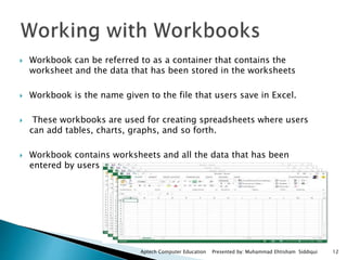  Workbook can be referred to as a container that contains the
worksheet and the data that has been stored in the worksheets
 Workbook is the name given to the file that users save in Excel.
 These workbooks are used for creating spreadsheets where users
can add tables, charts, graphs, and so forth.
 Workbook contains worksheets and all the data that has been
entered by users
Aptech Computer Education Presented by: Muhammad Ehtisham Siddiqui 12
 
