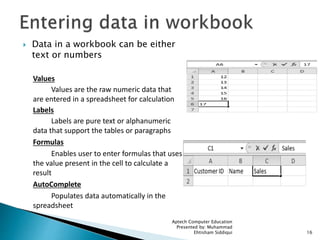  Data in a workbook can be either
text or numbers
Values
Values are the raw numeric data that
are entered in a spreadsheet for calculation
Labels
Labels are pure text or alphanumeric
data that support the tables or paragraphs
Formulas
Enables user to enter formulas that uses
the value present in the cell to calculate a
result
AutoComplete
Populates data automatically in the
spreadsheet
Aptech Computer Education
Presented by: Muhammad
Ehtisham Siddiqui 16
 
