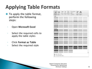  To apply the table format,
perform the following
steps:
◦ Open Microsoft Excel
◦ Select the required cells to
apply the table styles
◦ Click Format as Table
◦ Select the required style
Aptech Computer Education
Presented by: Muhammad
Ehtisham Siddiqui 36
 