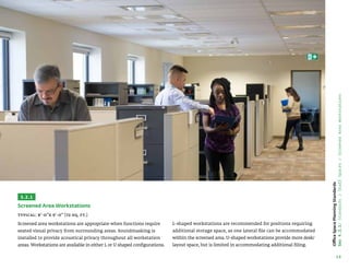 14
Office
Space
Planning
Standards
Sec
4.2.1:
Standards
/
Staff
Spaces
/
Screened
Area
Workstations
3.2.1
Screened Area Workstations
Typical: 8'-0x 9'-0 (72 sq. ft.)
Screened area workstations are appropriate when functions require
seated visual privacy from surrounding areas. Soundmasking is
installed to provide acoustical privacy throughout all workstation
areas. Workstations are available in either L or U shaped configurations.
L-shaped workstations are recommended for positions requiring
additional storage space, as one lateral file can be accommodated
within the screened area. U-shaped workstations provide more desk/
layout space, but is limited in accommodating additional filing.
 