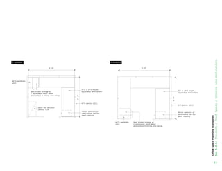 64H wardrobe
unit
Open binder storage w/
1 adjustable shelf above
worksurface  filing unit below.
70L x 29D height
adjustable worksurface
50H panels (all)
Mobile pedestal w/
upholstered top for
guest seating
9'–0
8'–0
9'–0
64H wardrobe
unit
Open binder storage w/
1 adjustable shelf above
worksurface  filing unit below.
70L x 29D height
adjustable worksurface
50H panels (all)
Mobile pedestal w/
upholstered top for
guest seating
8'–0
Space for optional
lateral file
15
Office
Space
Planning
Standards
Sec
4.2.1:
Standards
/
Staff
Spaces
/
Screened
Area
Workstations
 