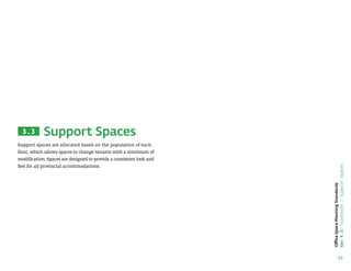 Support Spaces
Support spaces are allocated based on the population of each
floor, which allows spaces to change tenants with a minimum of
modification. Spaces are designed to provide a consistent look and
feel for all provincial accommodations.
22
Office
Space
Planning
Standards
Sec
4.2:
Standards
/
Support
Spaces
3.3
 
