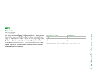 37
Office
Space
Planning
Standards
Sec
4.3.8:
Standards
/
Support
Spaces
/
Copy
Rooms
3.3.8
Copy Rooms
Typical: 150 sq ft
Copy Rooms are enclosed spaces which are considered a shared amenity.
Access to the copy room should be off of a common corridor, elevator
lobby, etc. and not located within a client’s dedicated space if possible.
If a client is the only provincial occupant on a floor, access may be
provided through the tenant space, however consideration should be
given to locating the room adjacent to common corridors/lobbies to
allow for easy future conversion.
#Occupants per Floor Room Quantity
1–50 1
50+ 2
Note: all equipment to be purchased and maintained by client group.
 