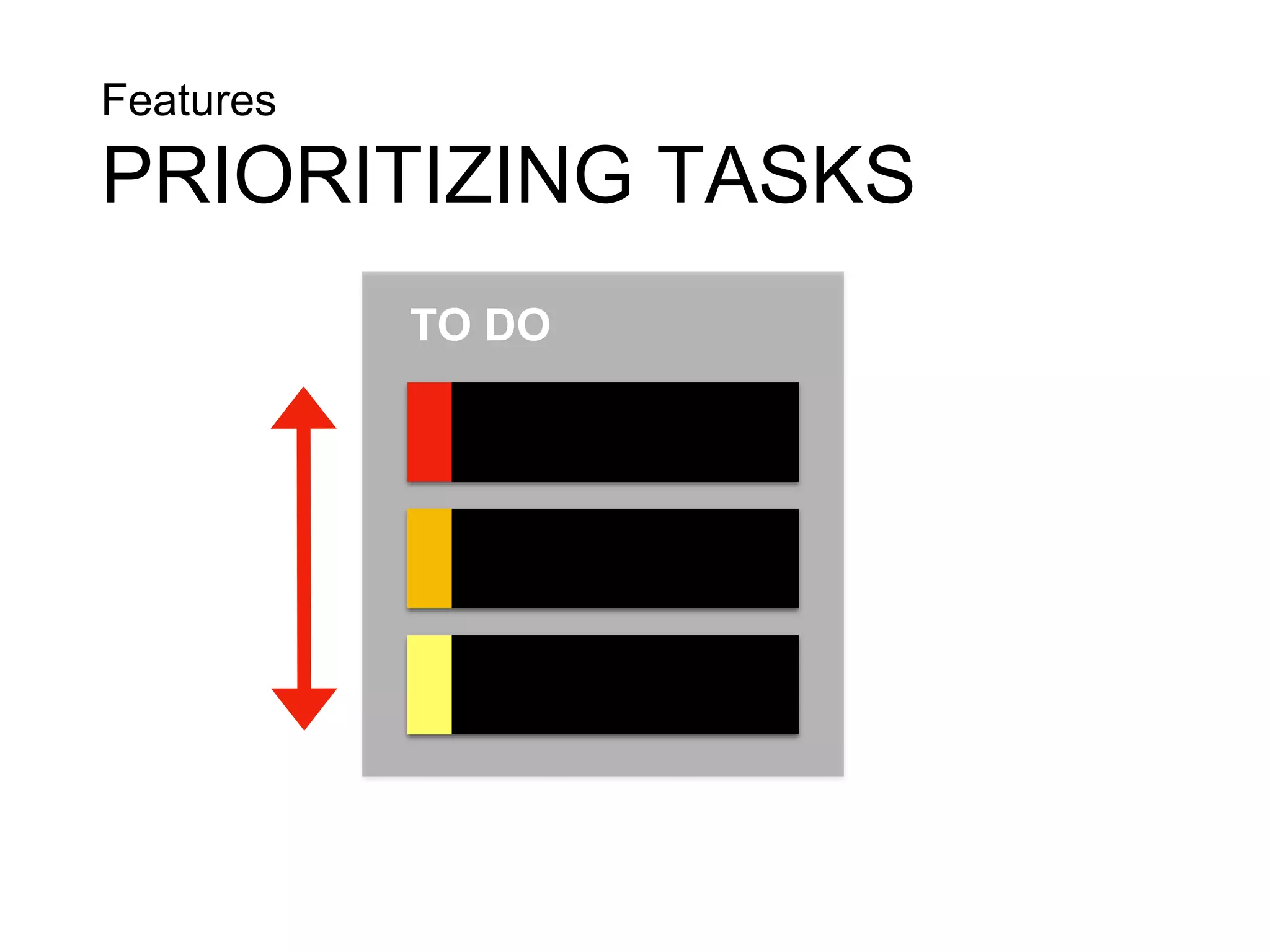 Features
PRIORITIZING TASKS
TO DO
 