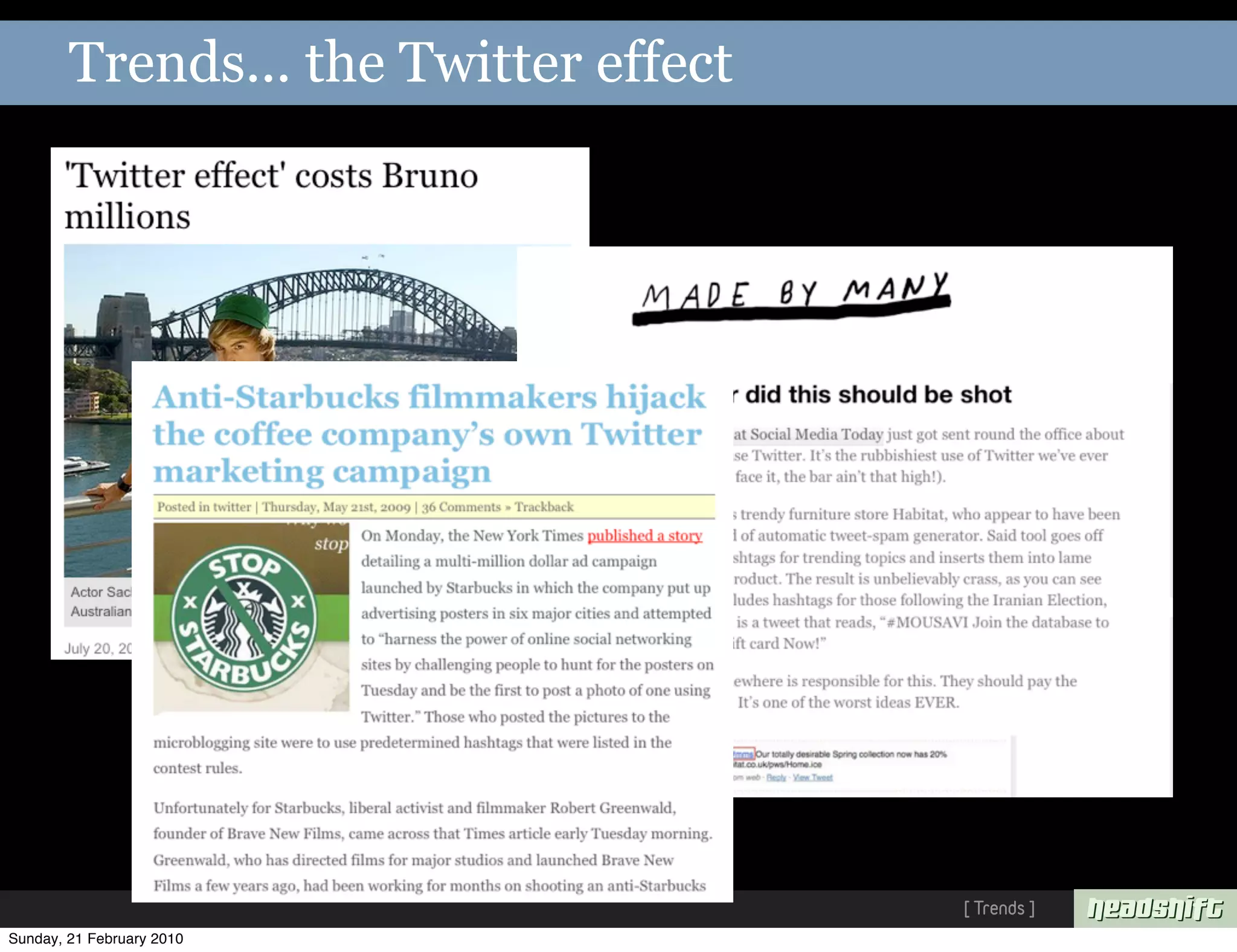 Trends... the Twitter effect




                                       [ Trends ]
Sunday, 21 February 2010
 