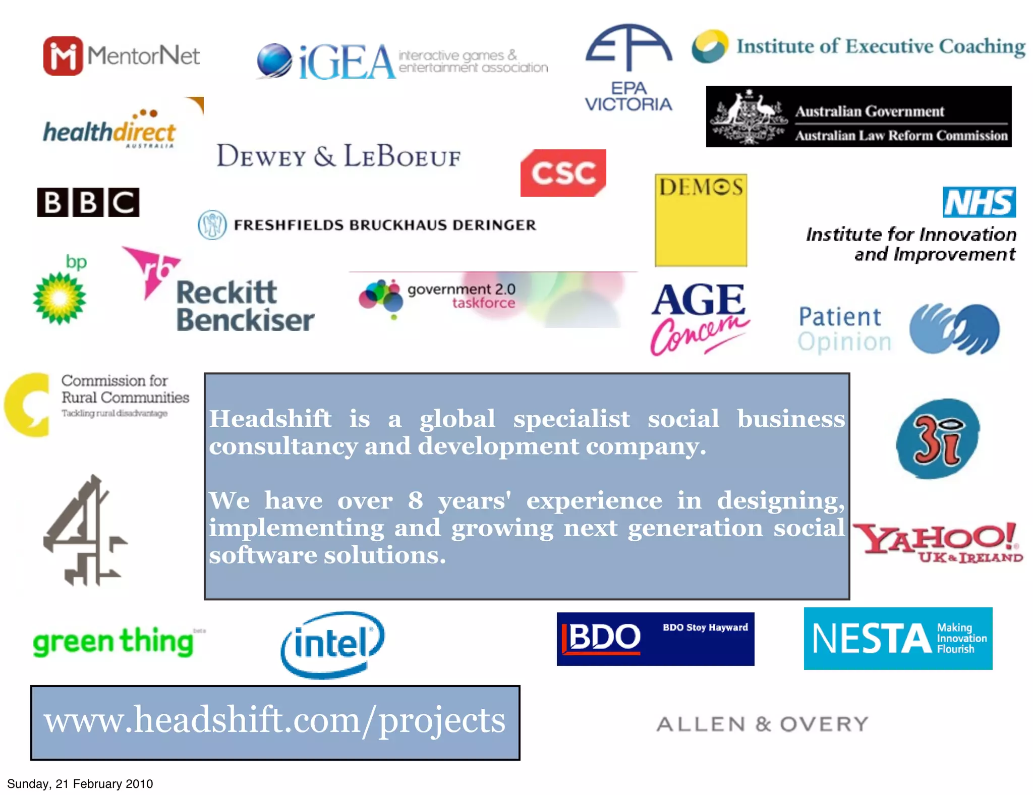 Headshift is a global specialist social business
                           consultancy and development company.

                           We have over 8 years' experience in designing,
                           implementing and growing next generation social
                           software solutions.




     www.headshift.com/projects
Sunday, 21 February 2010
 