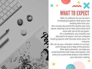 WHAT TO EXPECT
With no software for you to learn,
FacilityQuest gathers floor plans and
existing data from you.
We visually document the spaces you care
about, layering it all on floor plans (and we’ll
work with you to fill any gaps).
On a dashboard, you instantly see
allocations of space, and can compare
meeting spaces with focused work areas, for
instance.
We set up your utilization studies or surveys,
and manage every step of the process.
After data collection, we help you
understand the heat maps and reports, and
send you customized analysis that informs
your decision-making.
 