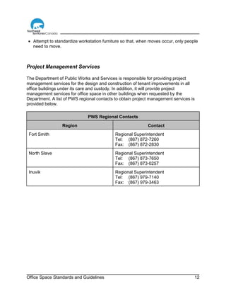 Office Space Standards and Guidelines 12
• Attempt to standardize workstation furniture so that, when moves occur, only people
need to move.
Project Management Services
The Department of Public Works and Services is responsible for providing project
management services for the design and construction of tenant improvements in all
office buildings under its care and custody. In addition, it will provide project
management services for office space in other buildings when requested by the
Department. A list of PWS regional contacts to obtain project management services is
provided below.
PWS Regional Contacts
Region Contact
Fort Smith Regional Superintendent
Tel: (867) 872-7260
Fax: (867) 872-2830
North Slave Regional Superintendent
Tel: (867) 873-7650
Fax: (867) 873-0257
Inuvik Regional Superintendent
Tel: (867) 979-7140
Fax: (867) 979-3463
 