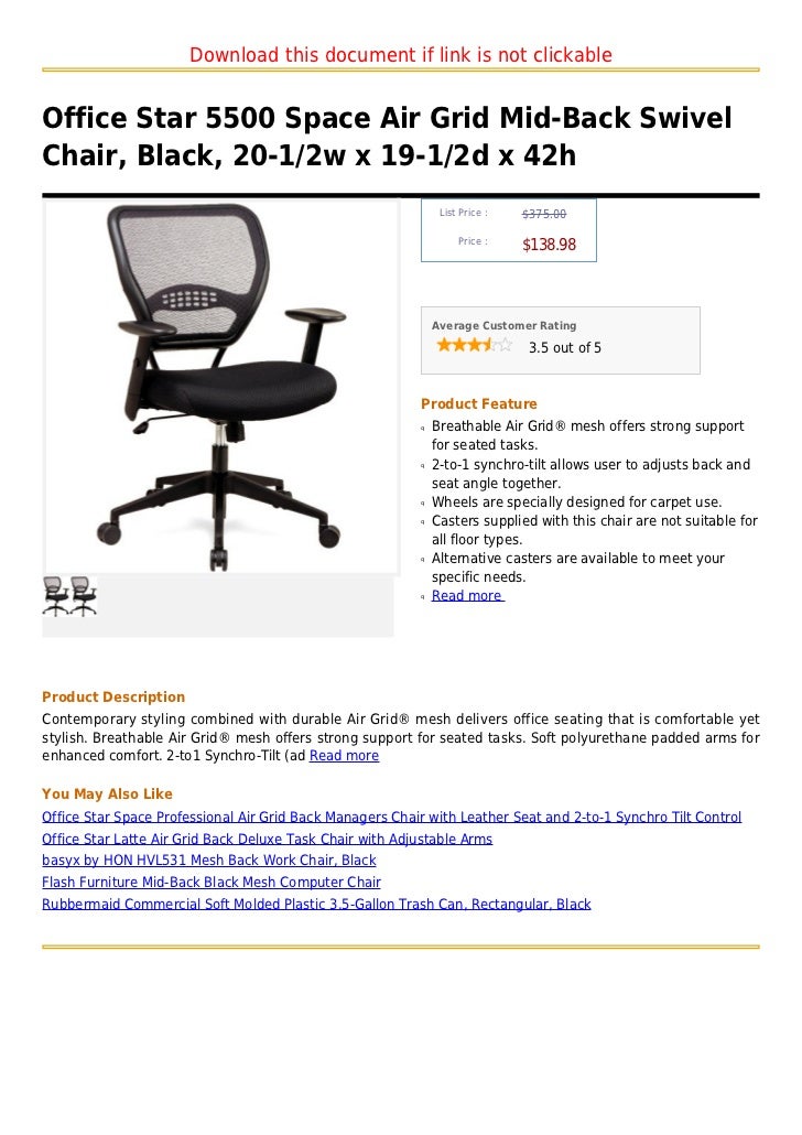 Office Star 5500 Space Air Grid Mid Back Swivel Chair Black 20 1 2w