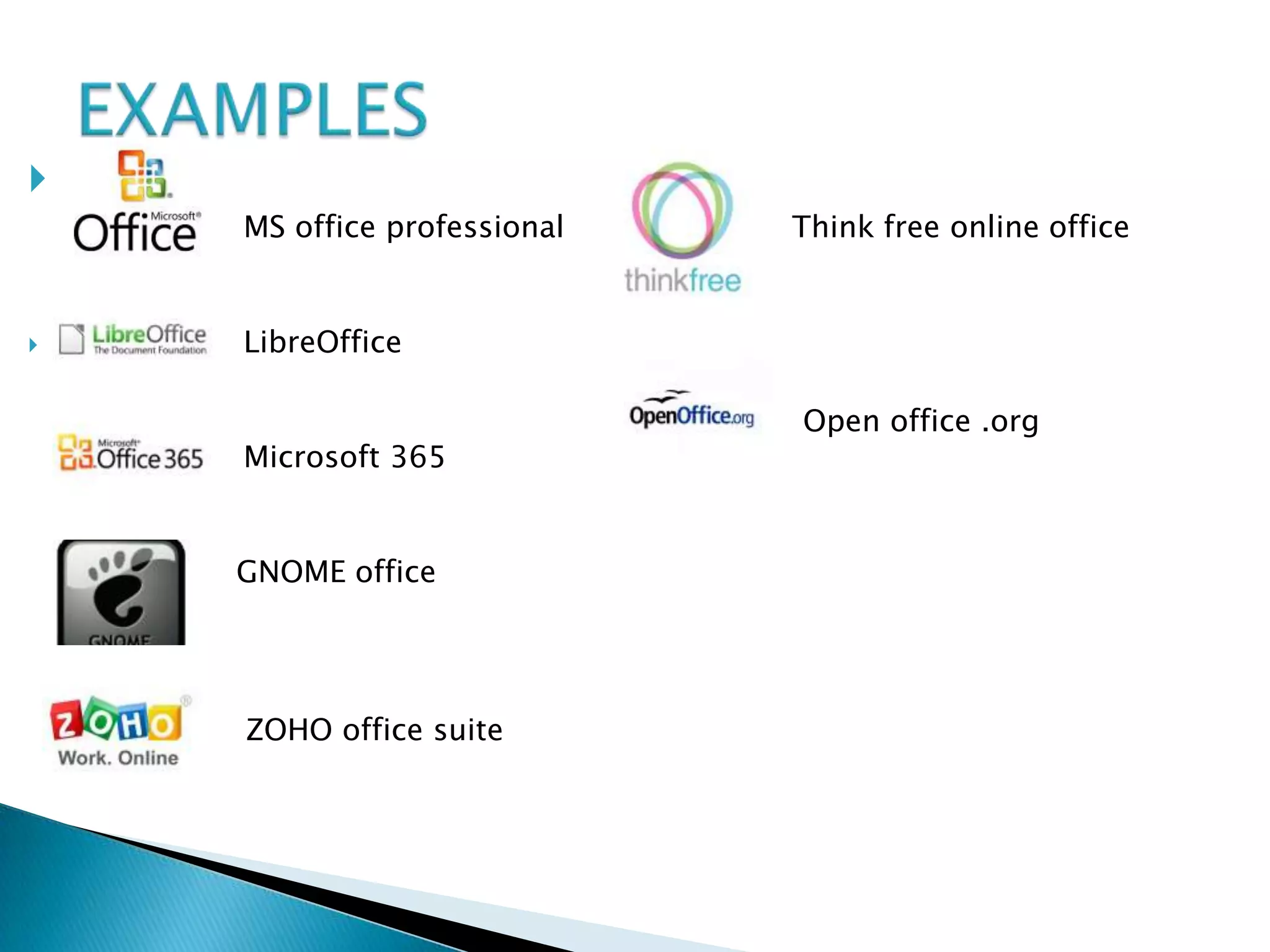 
MS office professional



Think free online office

LibreOffice

Microsoft 365

GNOME office

ZOHO office suite

Open office .org

 