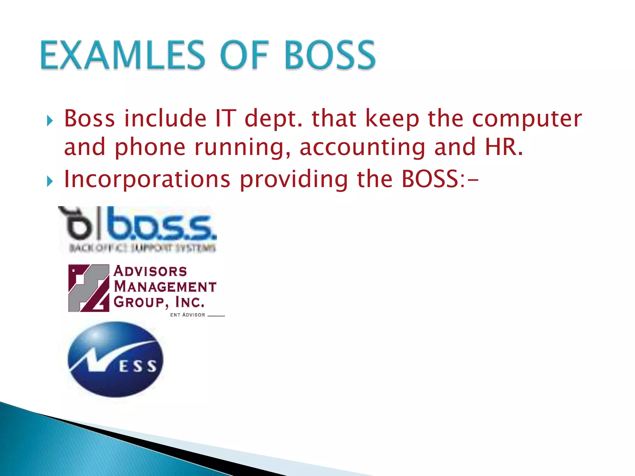 



Boss include IT dept. that keep the computer
and phone running, accounting and HR.
Incorporations providing the BOSS:-

 