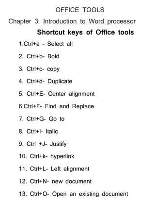 OFFICE TOOLS
Chapter 3. Introduction to Word processor
Shortcut keys of Office tools
1.Ctrl+a – Select all
2. Ctrl+b- Bold
3. Ctrl+c- copy
4. Ctrl+d- Duplicate
5. Ctrl+E- Center alignment
6.Ctrl+F- Find and Replace
7. Ctrl+G- Go to
8. Ctrl+I- Italic
9. Ctrl +J- Justify
10. Ctrl+k- hyperlink
11. Ctrl+L- Left alignment
12. Ctrl+N- new document
13. Ctrl+O- Open an existing document
 