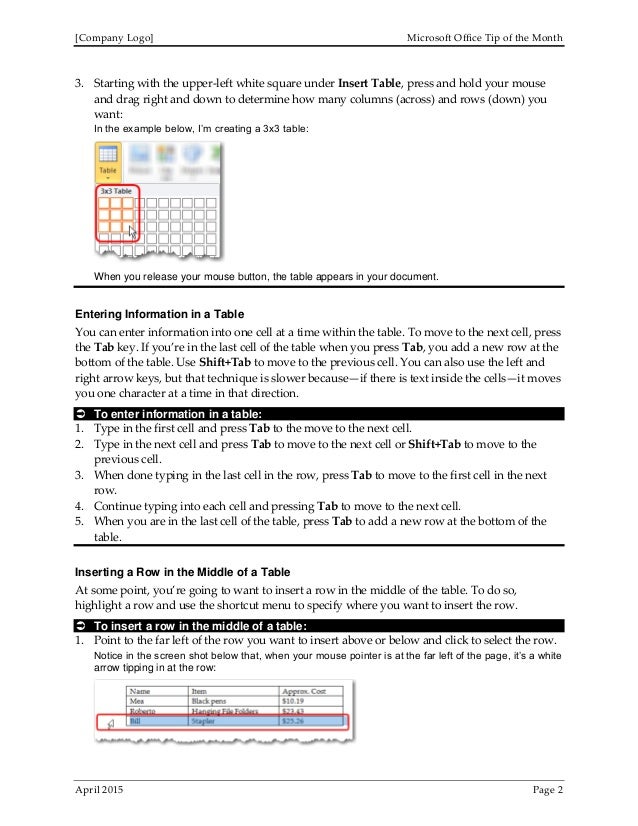 Organizing Information in Tables in Microsoft Word