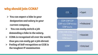 why should join CCNA?
 You can expect a hike in your
designation and salary in your
current company.
 You can easily switch a job
demanding a hike in the salary.
 CCNA is recognized all over the world,
thus you can easily get a job abroad.
 Feeling of Self-recognition as CCIE is
the toughest IT examination
 