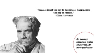 “Success is not the key to happiness. Happiness is
the key to success.”
- Albert Schweitzer
On averageOn average
happiness makeshappiness makes
employees 12%employees 12%
more productivemore productive
 