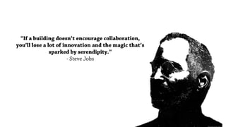 “If a building doesn’t encourage collaboration,
you’ll lose a lot of innovation and the magic that’s
sparked by serendipity.”
- Steve Jobs
 