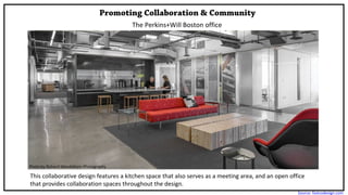 Promoting Collaboration & Community
The Perkins+Will Boston office
This collaborative design features a kitchen space that also serves as a meeting area, and an open office
that provides collaboration spaces throughout the design.
Photo by Richard Mandelkorn Photography
Source: fastcodesign.com
 