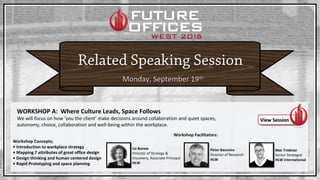 Monday, September 19Monday, September 19thth
WORKSHOP A: Where Culture Leads, Space Follows
We will focus on how ‘you the client’ make decisions around collaboration and quiet spaces,
autonomy, choice, collaboration and well-being within the workplace.
Workshop Concepts;
• Introduction to workplace strategy
• Mapping 7 attributes of great office design
• Design thinking and human centered design
• Rapid Prototyping and space planning
Workshop Facilitators:
Liz Burow
Director of Strategy &
Discovery, Associate Principal
HLW
Peter Bacevice
Director of Research
HLW
Mat Triebner
Senior Strategist
HLW International
View SessionView Session
 