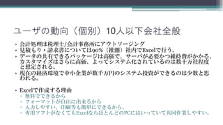 ユーザの動向（個別）10人以下会社全般
• 会計処理は税理士/会計事務所に依頼もしくは業務ごとアウトソージングしていま
  す。
• 見積もり・請求書については90%（推測）社内でExcelで管理しています。
• データの共有できるパッケージは高価で、サーバが必要かつ維持費がかかる、カス
  タマイズはさらに高価、よってシステム化されているのは数十万社程度と想定され
  ます。
• 現在の経済環境で中小企業が数千万円のシステム投資ができるのは少数と思われま
  す。

• Excelで作成する理由
 ▫   無料でできるから。
 ▫   フォーマットが自由に出来るから。
 ▫   入力しやすい、印刷等も簡単にできるから。
 ▫   専用ソフトがなくてもExcelならほとんどのPCにはいっていて共同作業しやすいから。
 