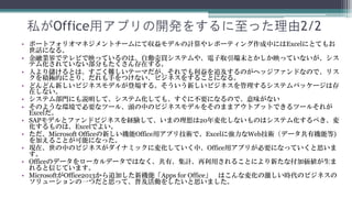 私がOffice用アプリの開発をするに至った理由2/2
• ポートフォリオマネジメントチームにて収益モデルの計算やレポーティング作成中にはExcelにとてもお
  世話になりました。
• 金融業界でテレビで映っているのは、自動売買システムや、電子取引端末とかしか映っていないが、シス
  テム化されていない部分もたくさん存在します。
• 人より儲けるとは、すごく難しいテーマですが、それでも利益を追及するのがヘッジファンドですので、
  リスクを積極的にとり、だれも手をつけない、新しいビジネスをすることになります。
• どんどん新しいビジネスモデルが登場する中で、新しいビジネスモデルを管理するシステムパッケージは
  存在しません。
• システム部門にも説明して、システム化しても、すぐに不要になるので、意味がないのです。
• そのような環境で必要なツール、頭の中のビジネスモデルをそのままアウトプットできるツールそれが
  Excelでした。
• SAPモデルとファンドビジネスを経験して、いまの理想は20年変化しないものはシステム化するべき、変
  化するものは、Excelが一番よいと思いました。
• さらに、Microsoft Office2013の新しい機能Office用アプリ技術で、Excelに強力なWeb技術（データ共有機
  能等)を加えることが可能になりました。
• 現在、世の中のビジネスがダイナミックに変化していく中で、Office用アプリが必要になっていくと思い
  ます。
• Officeのデータをローカルだけではなく、共有、集計、再利用されることにより新たな価値が生まれると
  信じています。また、ソーシャル等のサービス連携することにより新しい商品が生まれるかもしれません。
• MicrosoftがOffice2013から追加した新機能「Apps for Office」 はこんな変化の激しい時代のビジネスの
  ソリューションの一つだと思って、普及活動をしたいと思いました。
 