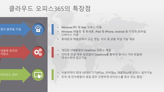 클라우드 오피스365의 특장점
멀티 플랫폼 지원
대용량 온라인
저장소
라이선스 관리
• Windows PC 및 Mac 오피스 지원
• Windows 태블릿 및 휴대폰, iPad 및 iPhone, Android 등 다양한 모바일
디바이스 지원
• 휴대폰과 태블릿에서 고급 편집, 서식 및 공동 작성 기능 제공
• 개인당 1TB용량의 OneDrive 저장소 제공
• 인터넷 연결 여부 상관없이 OneDrive를 통하여 문서나 기타 파일에
액세스하여 접근가능
• 사용자마다 최대 15대의 기기(PC[5], 모바일[5], 태블릿[5])에 오피스 설치가능
• 조직 내 인사변동이 생길 경우 간편하게 라이선스를 회수 또는 할당
 