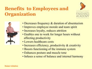 •  Decreases frequency & duration of absenteeism  • Improves employee morale and team spirit • Increases loyalty, reduces ...