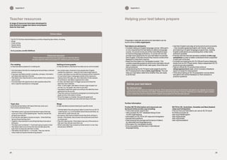 A range of resources have been developed to
help teachers engage test takers and prepare
them for their test.
29
28
Appendix iii Appendix iv
Online videos
The IELTS YouTube channel features a number of teaching tips videos, including:
• Bingo
• Chain writing
• Speed dating
• Reading race
Go to youtube.com/IELTSOfficial
Classroom exercises
These classroom exercises are a good way to help test takers
develop specific skills and prepare for different parts of the test.
Pre-reading
to help test takers prepare for a reading text
• 
Give test takers the title of a reading text and perhaps a relevant
picture or song
• 
In groups, test takers predict vocabulary, phrases, information
and ideas that might be in the text
• 
Test takers then read the text to check whether their predictions
were correct
• 
Give test takers the opportunity to ask questions about the
text or specific expressions or language
Getting to know graphs
to help test takers understand how data can be communicated
• 
As a whole class, brainstorm how people learn English
outside the classroom – keep the list to about eight options
• 
In pairs, test takers survey staff and students at their institution
on how best to learn a language outside of the classroom,
making note of the age, sex, and nationality of interviewees.
As homework, test takers organise their notes
• 
In class, test takers get in to bigger groups and share the
data they have collected
• 
Then, in pairs again, test takers choose a type of graph out
of a hat, e.g. line graph, bar chart or pie chart
• 
Test takers make their graph according to the data they have
gathered from the survey
• 
They then write an introductory paragraph summarising their
graph and the information it shows
• 
Once this stage is complete, they give the graph and
introduction to another pair who write the body of the text
Topic dice
to familiarise test takers with topics that may come up in
Part 2 and to develop fluency
• 
Test takers work in groups and brainstorm topics that may
come up in Part 2 of the speaking test. Teacher checks that
all topics are relevant
• 
From the list, test takers choose six topics – three that they
like and three that they don’t
• 
Together, they brainstorm everything that they know about
the topics
• 
The topics are numbered 1– 6 and each group is given a dice
• 
Test takers take turns to throw the dice and talk about the
topic that corresponds with their number
• 
Test takers should talk for 1–2 minutes. They can use the
notes made during the brainstorming session
Bingo
to help test takers practise listening for specific words
• 
Tell test takers they are going to listen to a text from an IELTS
Listening test, e.g. a conversation about leisure activities, an
interview for a part-time job, etc.
• 
As a group, they have to predict words they think will hear in
the text. Individually, they choose nine words and write them
in a bingo grid
• 
Play the Listening test. If test takers hear any of the words on
their grid, they should cross them out
• 
When a test taker has crossed out three words in a row, they
should shout ‘BINGO!’
Teacher resources Helping your test takers prepare
Preparation materials and advice for test takers can be
found online at ielts.org/prepare
Test takers are advised to:
• 
Consider taking an English language course. Although it
is not a requirement for test takers to attend a language
course, it is proven to be one of the most effective ways
to improve language proficiency. A course will not only
provide more opportunity for your test takers to practise
their English, it will also ensure they receive constructive
feedback to help them improve
• 
Read the Information for Candidates booklet. This
contains essential guidance which every test taker should
read in relation to test format, task types, time limits and
test procedures
• 
Understanding the IELTS band scale (page 6) and the
IELTS assessment criteria (ielts.org/criteria). This will
help your test takers determine whether they are ready
to sit the test
• 
Use their English everyday at home and at work/university
– this includes speaking English with friends, watching
and listening to English language programmes, reading
English publications and practising their written skills
wherever possible
• 
Practise with the free test samples available at ielts.org/
sampletest in order to better understand what is expected
in each part of the test
• 
Consider purchasing the IELTS Official Practice Materials
books from an IELTS test centre. Many independent IELTS
products are also available
• 
Take an official IELTS practice test online at
ieltsprogresscheck.com, which includes a feedback
report on areas for improvement
• 
Think about taking an IELTS preparation course where
test takers will receive feedback on their answers to
practice questions
Further information
Further IELTS information and resources can
be found online at ielts.org including:
• ‘Find a test centre’ search tool
• 
‘Who accepts IELTS?’ database listing of over
10,000 organisations
• Information on IELTS for UK visas and immigration
• Sample test questions
• 
Data showing the average performance of takers
by nationality and language group
• Information for Candidates booklet
• 
Ensuring quality and fairness in international
language testing
IELTS for UK, Australian, Canadian and New Zealand
visas and immigration
Find out how your test takers can use an IELTS result
for these purposes at:
ielts.org/unitedkingdom
ielts.org/australia
ielts.org/canada
ielts.org/newzealand
Advise your test takers
Re-sitting the test
There are no restrictions on retaking the test. If the required score is not achieved, test takers can register for another
test as soon as they feel they are ready. Test takers should be advised, however, that they are unlikely to gain a better
score unless they work to improve their English and prepare for the test (see above).
 
