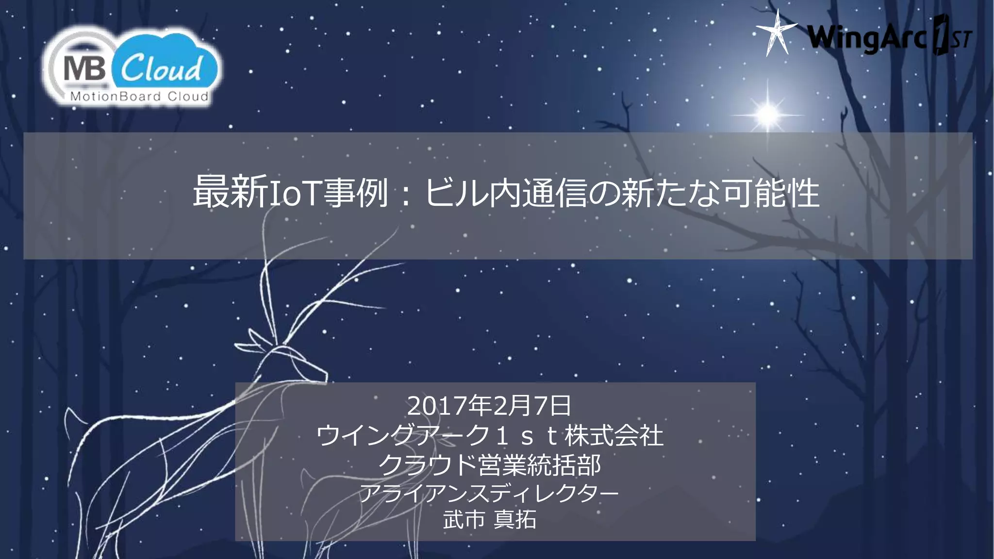 最新IoT事例：ビル内通信の新たな可能性
ウイングアーク１ｓｔ株式会社
クラウド営業統括部
アライアンスディレクター
武市 真拓
 